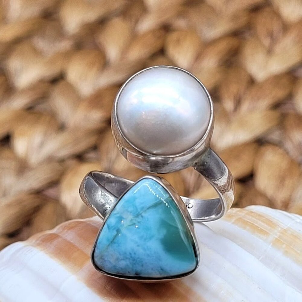 NEW Larimar & Pearl 925 Sterling Silver Adjustable Ring All Size Gift Beach Sea